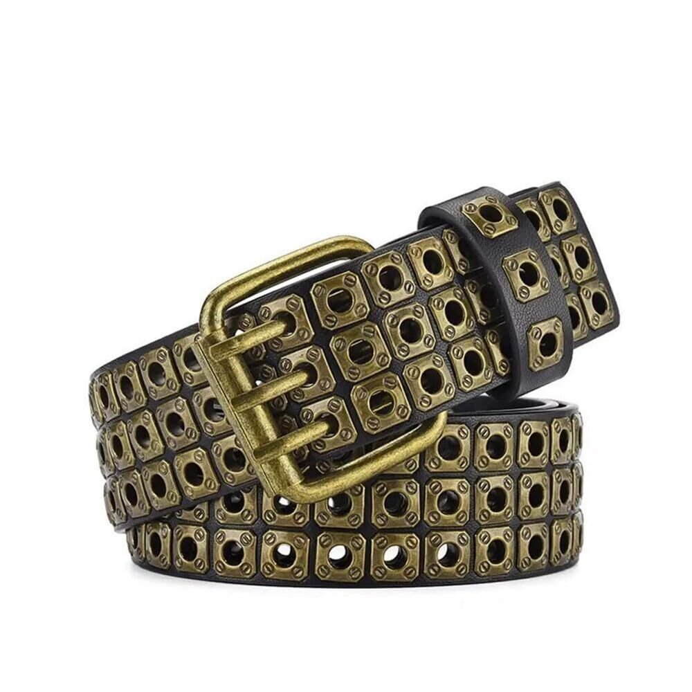 6245 3 Row Studded Holes Grommet Faux Leather Belts For Women Men Punk - Picture 7 of 7